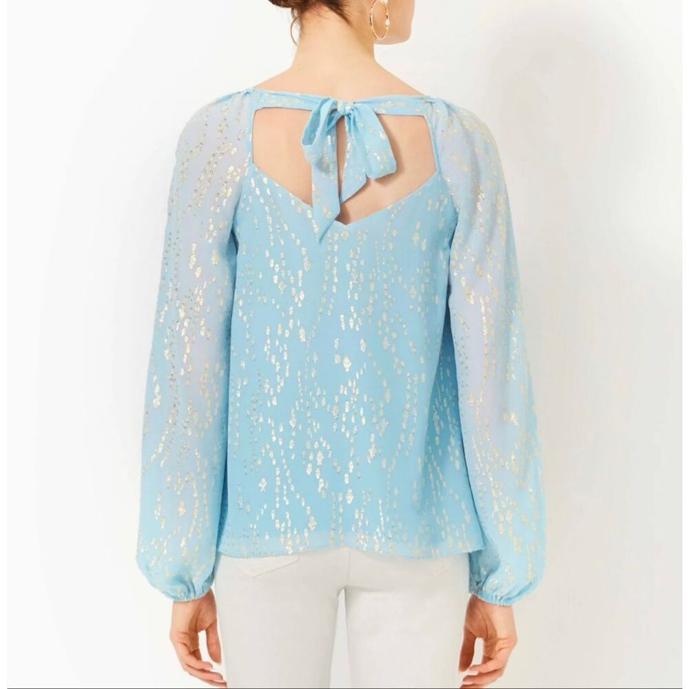 Lilly Pulitzer Noraleen Bonaire blue fish silk clip dot blouse size small - Picture 2 of 10